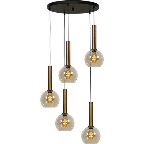 Hanglamp Bella -  5-lichts mat zwart/antiek brons Ø50cm - zwarte pvc kabel 350cm + glas 5x 62260-05-20-20 -  - MASTERLIGHT